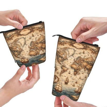 Retro Map Standing Pencil Case Cute Telescopic Stationary Pouch with Zipper Large Capacity Stand up Pen Bag Portable Makeup Holder for School Office Supplies - color: Map