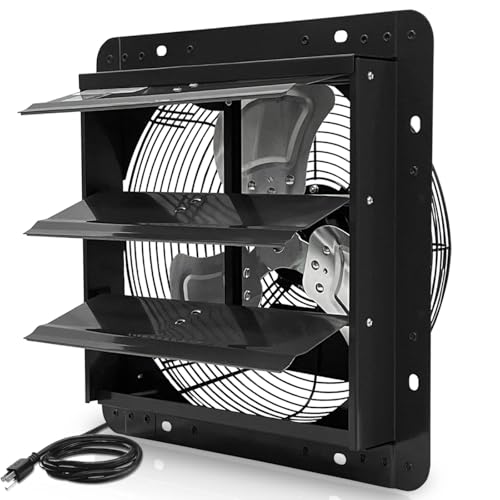 VENTISOL 12 Inch Shutter Exhaust Fan, Wall Mounted Attic Fan with Power Cord, High Speed Vent Fan 1450CFM, Automatic Household Ventilation Fan for Cooling, Garage, Shop, Black - size: 12 Inch with Power cord