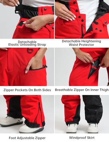 GSOU SNOW Men Women Snowboard Pants-Baggy Ski Snow Bibs | 15K Waterproof Overalls,Insulated Windproof Breathable,Detachable Shoulder Straps - color: Red, size: X-Large