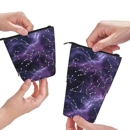 Purple Constellation Standing Pencil Case Cute Telescopic Stationary Pouch with Zipper Large Capacity Stand up Pen Bag Portable Makeup Holder for School Office Supplies - color: Constellation