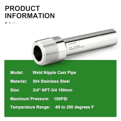 TAISHER 5PCS 304 Stainless Steel Pipe Fittings, 3/4" NPT Male Threaded, 4" Length Weld Nipple Cast Pipe - size: 3/4" NPT x 3/4" OD(4" Length)