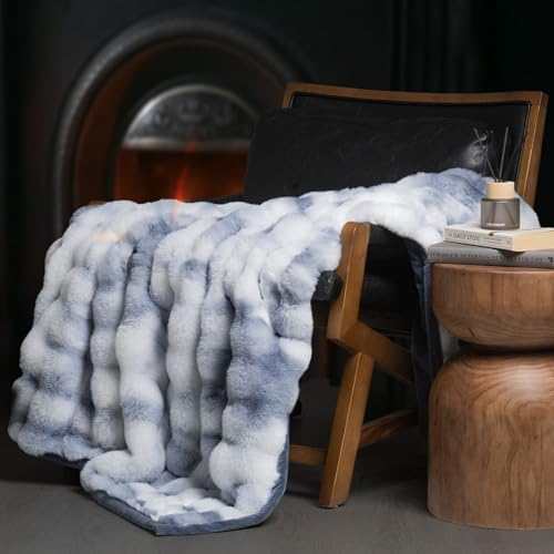 EverGrace Ultra Soft Luxury Fluffy Faux Rabbit Fur Throw Blanket, Thick Warm Bubble Throw for Bed, Cozy Plush Reversible Blankets for Couch, Chair, Sofa, Cloud Blue, 50x60 Inches - color: Marble Cloud Blue, size: 50"x60"
