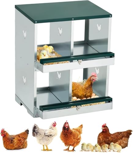 Chicken Nesting Boxes, 4-Hole Nesting Boxes for Chicken Coop with Lid, Metal Laying Boxes for Hens with Swing Perch and Roll Away Egg Collection for Chicken Coop, Double Layer 4 Compartments - color: Green, size: 2 layer 4-Compartments