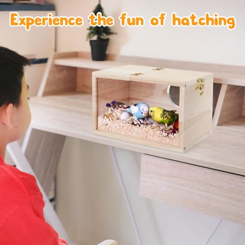 Rypet Parakeet Nesting Box Transparent Design, Thwartwise Bird Nest Breeding Box with Perch Wood Bird Cage House for Cockatiel Lovebirds Budgie Finch Parrotlets Canary XL - size: X-Large