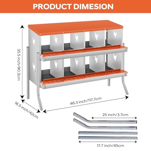 Two-Tier Removable Tray Design - Metal Chicken Nesting Box for Small Animals - 8 Compartments, Large Vented Holes, Wall-Mount or Stand, Easy Clean & Egg Collection - Red, 8 Compartments ZW - color: Orange | 8 Compartments+legs