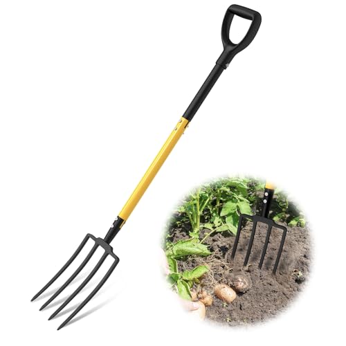 Pitch Fork, 4 Tine Heavy Duty Garden Fork with Ergonomic No-Slip D-Grip Handles, 45 Inches Long Handle Spading Fork, Perfect for Gardening Digging, Land Management, Yard work, Farming (Black)