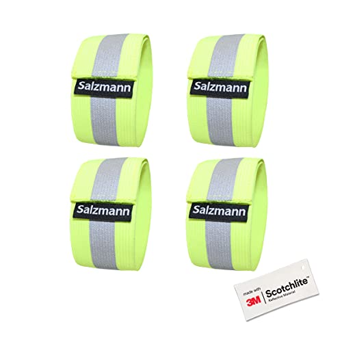 Salzmann Reflective Elastic Arm & Leg Bands | Adjustable Hi Vis | Pack of 4 | Made with 3M Scotchlite Reflective Material | For Running, Walking & Cycling | Yellow, Navy, Pink - color: Yellow