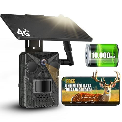 Solar Cellular Trail Camera 4G LTE, Preloaded Trial SIM, No Monthly Fees (Use Your Own SIM), Sends Pictures to Phone, 2K Live Video 10000mAh Battery 0.2s Trigger IP66 Game Cam for Farm Hunting