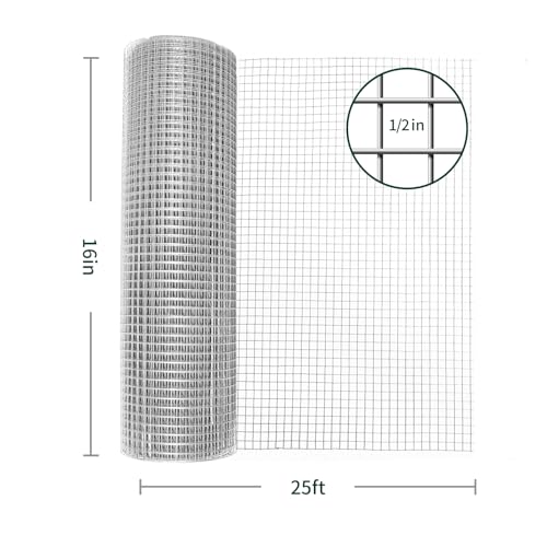 Hardware Cloth 1/2 inch, 19 Gauge 16inx25ft Chicken Wire Fence Wire Mesh Fence Galvanized Hardware Cloth Mesh for Poultry Netting, Garden Fencing, Tree Guard Rolls and Rabbit Cages Snake Fence - size: 1/2inch 16inx25ft