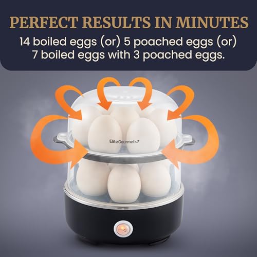 Elite Gourmet EGC1215B Easy Egg Cooker, Stainless-steel Heating Plate, Two-Tiered, 14-Egg Capacity, Soft, Medium, Hard-Boiled, Auto Shut-Off, Omelets, Poached Eggs, Measuring Cup, Piercing Pin, Black - color: Black, size: 14-Egg