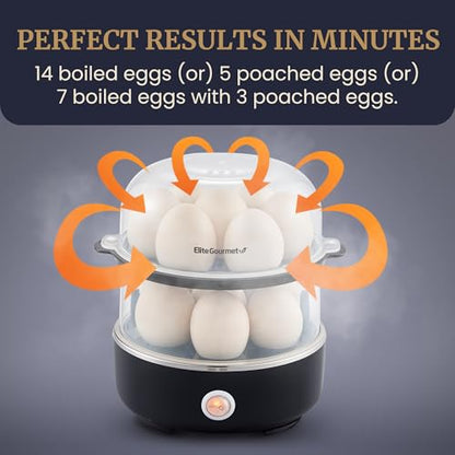Elite Gourmet EGC1215B Easy Egg Cooker, Stainless-steel Heating Plate, Two-Tiered, 14-Egg Capacity, Soft, Medium, Hard-Boiled, Auto Shut-Off, Omelets, Poached Eggs, Measuring Cup, Piercing Pin, Black - color: Black, size: 14-Egg