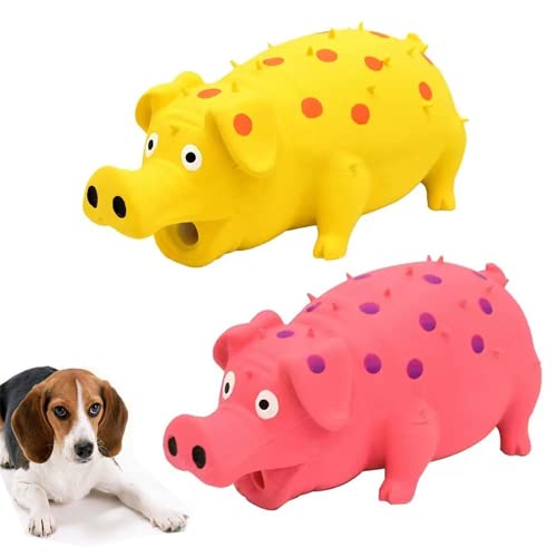 Squeaky Pig Dog Toys, 2 Pack Grunting Pig Dog Toy that Oinks Grunts for Small Medium Large Dogs, Grunting Pig Sound Play Dog Toy - color: Red and Yellow