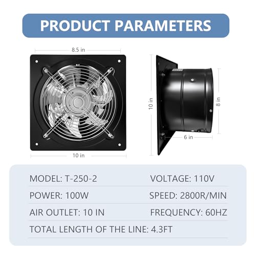 10 Inch Exhaust Fan,794CFM Kitchen Exhaust Fan with Speed Controller,110V 100W Wall Mounted Vent Fans with Damper for Shop, Smoking Room, Industrial Ventilation Use (10-inch Black) - color: 10-inch Black