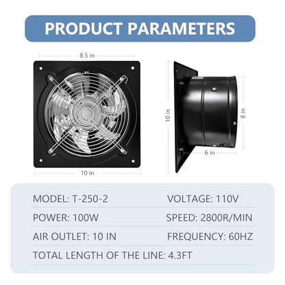 10 Inch Exhaust Fan,794CFM Kitchen Exhaust Fan with Speed Controller,110V 100W Wall Mounted Vent Fans with Damper for Shop, Smoking Room, Industrial Ventilation Use (10-inch Black) - color: 10-inch Black