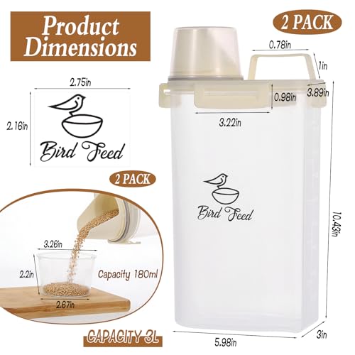 2 Pcs 3.17 Qt/3 L Bird Seed Storage Container Airtight- Portable Plastic Pet Food Container with Measuring Cup, Clear Wild Bird Seed Dispenser for Birds Pets Food Chicken Seed Storage, BPA Free