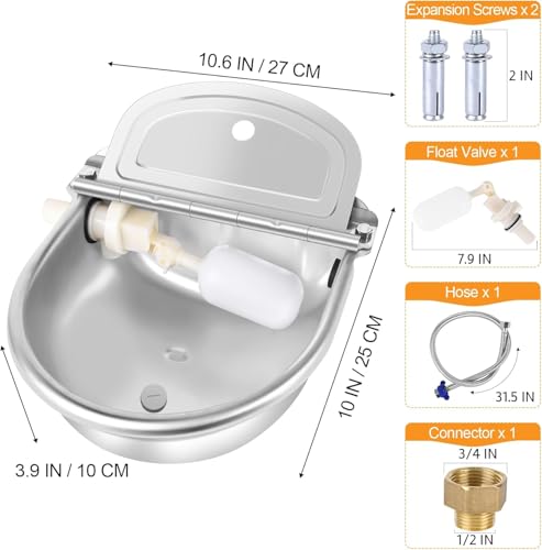 Automatic Animal Water Bowl with Float Valve, Stainless Steel Self-Filling Drinking Trough with Drain Hole, Farm Dog & Livestock Waterer for Horse, Goat, Cattle