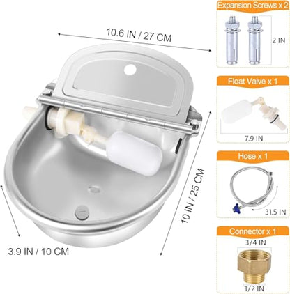 Automatic Animal Water Bowl with Float Valve, Stainless Steel Self-Filling Drinking Trough with Drain Hole, Farm Dog & Livestock Waterer for Horse, Goat, Cattle