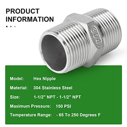 TAISHER 2PCS Cast 304 Stainless Steel Hex Nipple, Pipe Fitting 1-1/2 Inch Male Pipe x 1-1/2 Inch Male Pipe - size: 1-1/2" NPT