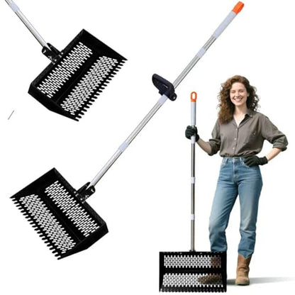 17inch Width Heavy Duty 2-in-1 Chicken Poop Scooper & Rake, Stainless Steel Chicken Coop Litter Sifting Shovel with Ergonomic Grip & Adjustable Angle, Sand Scoop for Coop, 37-54 Inch (17inch) - size: 17inch