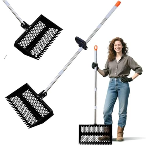 17inch Width Heavy Duty 2-in-1 Chicken Poop Scooper & Rake, Stainless Steel Chicken Coop Litter Sifting Shovel with Ergonomic Grip & Adjustable Angle, Sand Scoop for Coop, 37-54 Inch (17inch) - size: 17inch