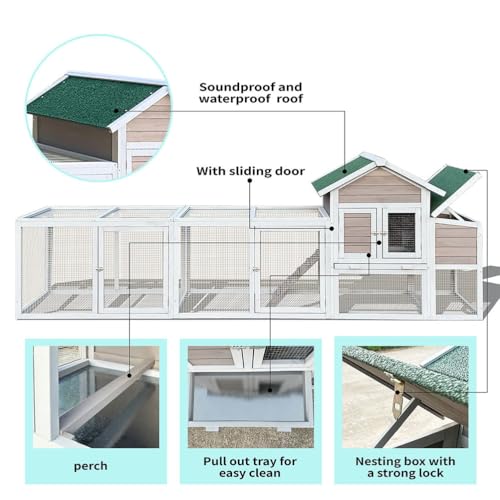 122" Large Chicken Coop with Nesting Box and Run, Outdoor Wooden Poultry Cage with Waterproof Asphalt Roof, Pull-Out Tray, and Ramp, Hen House for 3–6 Chickens, Grey - color: Grey