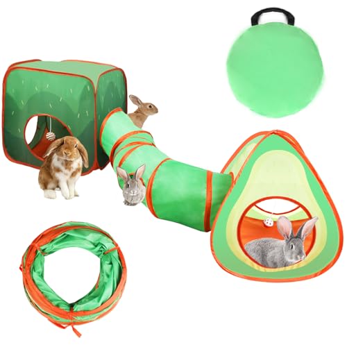 YUEPET Rabbit Tunnel and Cube Collapsible Tent Bunny Interactive Crinkle Tunnel Toys Small Animal Hideout with Play Ball for Dwarf Rabbit Bunny Guinea Pig (Avocado) - color: Avocado