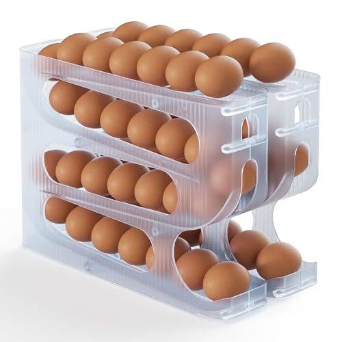 Sotfamily FIFO Egg Holder for Fridge, Egg Organizer for 56 Large Size Eggs | 2-Pack Auto Rolling Egg Dispenser for Refrigerator, Space-Saving Egg Roller/Container/Storage(Frosted Clear) - color: Frosted Clear, size: 2 Packs