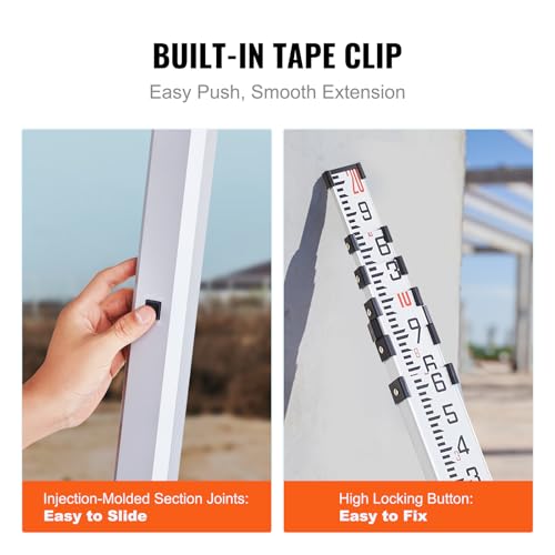 VEVOR Aluminum Grade 20-Feet Telescopic Measuring Rod, Double-Sided Scale 1/10ft Leveling Rod Stick with Bubble Level & Carrying Bag for Houses, Walls, Floor - size: 20 FT-10ths