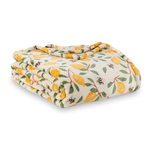 Berkshire Blanket-Classic Heavyweight Soft Printed VelvetLoft® Plush Blanket, Full/Queen Size Soft Fuzzy Warm Blanket for Couch Sofa Bed, Lemons and Bees Yellow, 90in x 90in - color: Lemons and Bees Yellow, size: Full/Queen