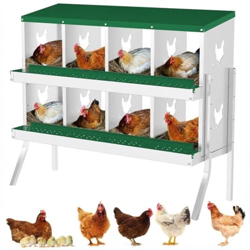 Chicken Nesting Box,8 Holes Galvanized Steel Metal Chicken Laying Box with Automatic Roll-Away Egg Collection System & Removable Tray,Wall Mount Nesting Boxes - color: Green, size: 8 Holes with Legs