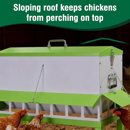 Automatic Chicken Feeder Large Capacity No-Waste Waterproof Poultry Feeder | Stainless steel metal feeder port Hens flocks ducks Roosters backyard Coop Outdoor conical Lid rodent rain proof hanging