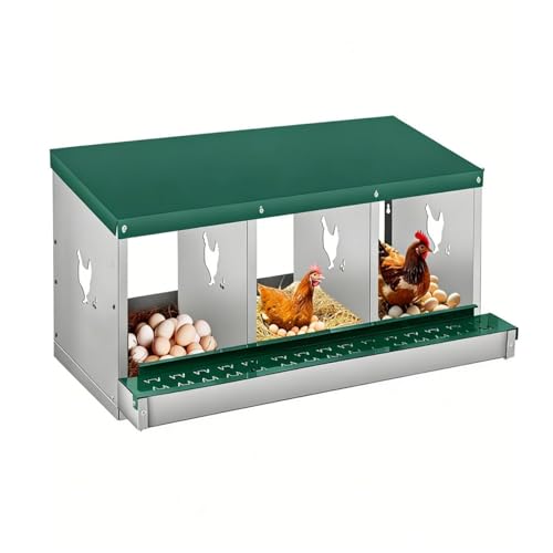 3 Compartment Chicken Nest, Stainless Steel Laying Boxes for Hens with 4 Dummy Eggs and 10 Dampproof Pets Mats, Wall Mounted or Free Standing Chicken Boxes, Roll Out Design, Green - color: Green, size: 3-Room