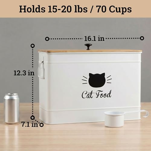 Cat Food Storage Container with Scoop - 15 lb (50 Cup) Capacity Metal Cat Food Container with Airtight Bamboo Lid & Metal Scoop - Airtight Pet Food Storage Containers - 15 lb Treats & Kibble Container - color: White