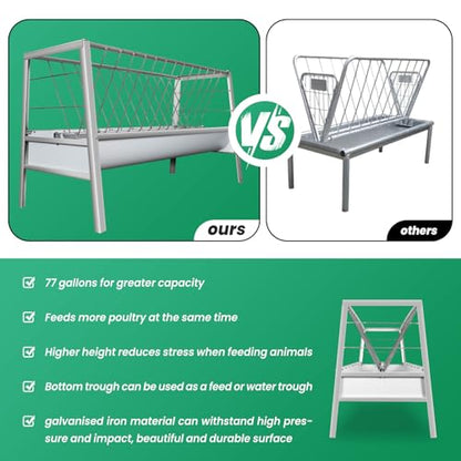 77Gal Heavy-Duty Galvanized Steel Hay Feeder for Goats & Horses, 2-in-1 Large Capacity Feeder/Farm/Trough with Smooth Edges, 14-Livestock Feeding, Ranch/Poultry Use, Weatherproof & Rust-Proof Design