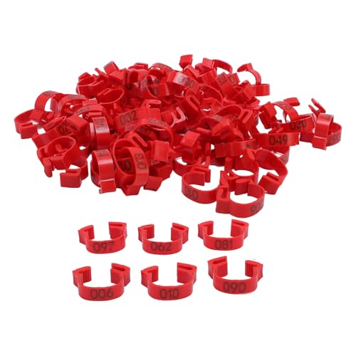 100PCS 20mm Chicken Leg Bands, 001 to 100 Numbered Colorful Chicken Birds Poultry Identification Leg Bands for Chicks Ducks Pigeons Goose Quail Yellow (red) - color: red