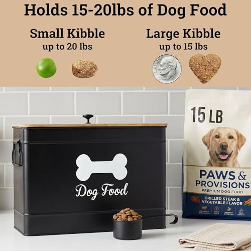 Dog Food Container Airtight 15-20 lb (70 Cup) Capacity with Metal Scoop - Cute Airtight Dog Food Storage Container with Bamboo Lid - Black Metal Kibble Storage Bin for Dogs up to 100 lbs - Big Pet Jar - color: Black