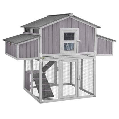 Aivituvin Large Chicken Coop for 4-6 Chickens, Raised Outdoor Wooden Chicken House with Unique Folding Design, 2 Nesting Boxes, Easy Clean Pull-Out Tray, Waterproof Asphalt Roof - Grey - size: 69.8"L x 42.0"W x 54.6"H