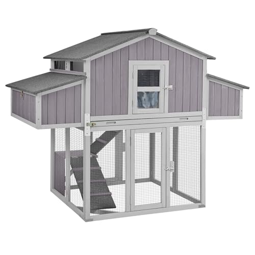 Aivituvin Large Chicken Coop for 4-6 Chickens, Raised Outdoor Wooden Chicken House with Unique Folding Design, 2 Nesting Boxes, Easy Clean Pull-Out Tray, Waterproof Asphalt Roof - Grey - size: 69.8"L x 42.0"W x 54.6"H