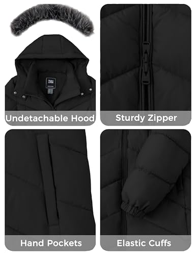 ZSHOW Women's Long Winter Coat Waterproof Warm Quilted Puffer Jacket with Faux Fur Hood - color: Black, size: Small