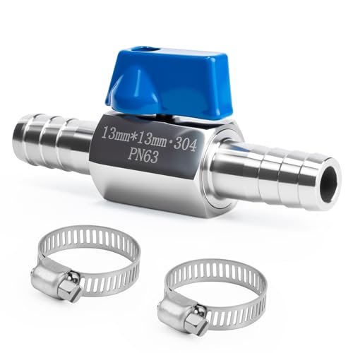 1/2" Hose ID Barb Ball Valve, 304 Stainless Steel Dual 13mm Barb Mini Heater Hose Shut Off Valve with Clamps for Fuel, Gas & Water Lines - size: 1/2 Inch