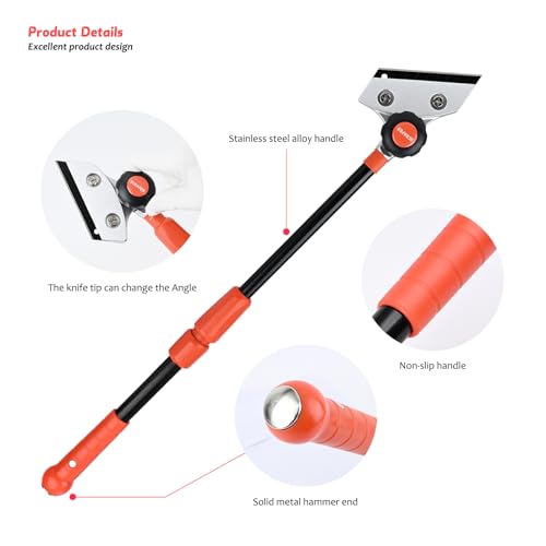 EHDIS Retractable Razor Blade Scraper Long Handle Heavy Duty Floor Scraper with Rotatable Head and 10pcs Replace Blades for Cleaning Glass, Tile, Floor, Wall,Door