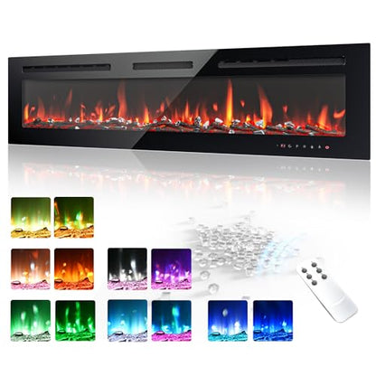 EUHOMY 60 Inch Electric Fireplace Wall Recessed and Wall Mounted with Adjustable Flame Color, Fireplace Heater with Remote Control, Linear Fireplace with Timer, Touch Screen, Log & Crystal, 750/1500W - size: 60 Inch