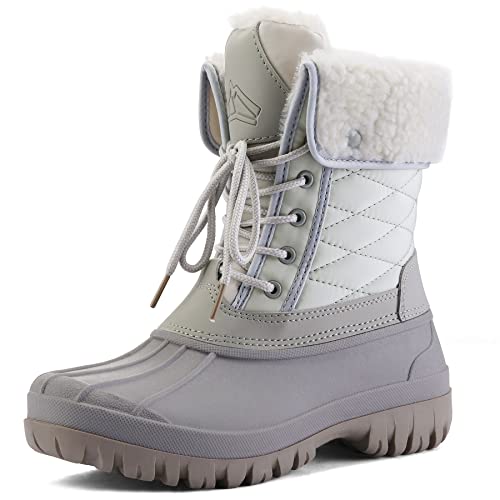 mysoft Women's Waterproof Snow Boots Insulated Warm, Lace-Up Winter Mid Calf Duck Boots for Outdoor - color: Light Grey, size: 9