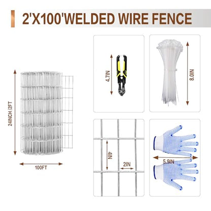 Tongmo 2 ft x 100 ft Galvanized Welded Wire Fence, 16GA Garden Chicken Wire Fence Roll, Mesh Size 2" x 4"Hardware Cloth, Ideal for Yard Protection and Poultry Netting - color: Galvanized, size: 2ft*100ft