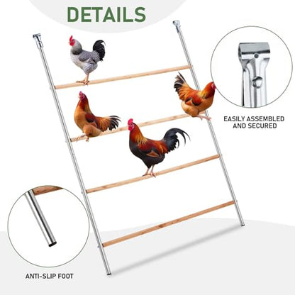 Large Chicken Perch for Coop 4-Tier Roosting Ladder, 57" L x 40" W Wooden & Metal Chicken Roosting Bars, Non-Slip Chicken Climbing Frame, Backyard Poultry Coop Accessories & Chicken Toys