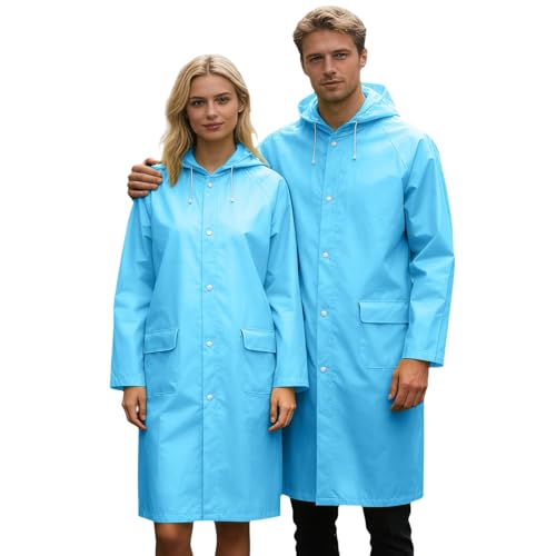 Unisex Hooded Raincoat Waterproof Reusable Rain Jacket with Pockets for Cycling Hiking Travel Commuting - color: Sky Blue, size: Medium