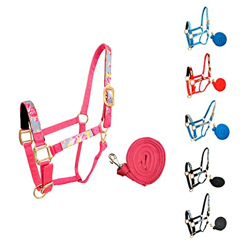Tahoe Tack Patterned Nylon Adjustable Horse Halters with Padded Noseband and Matching 10’ Soft Grip Lead Rope with one Year Warranty - color: Grey Floral and Hot Pink