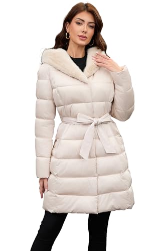 PAPILLON D'OR WEAR YOUR WINGS Women's Long Puffer Coat with Belt, Hood & Furry Lining - Knee-Length Winter Jacket - color: Pink-beige, size: Medium