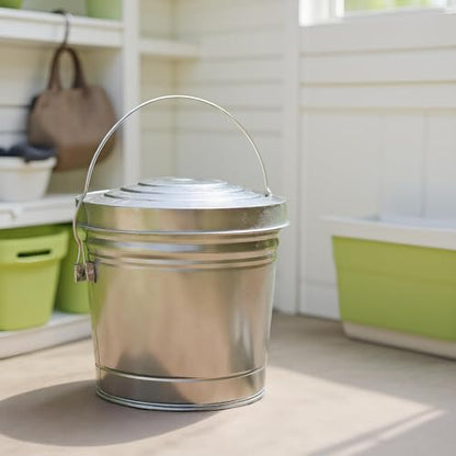 6-Gallon Galvanized Steel Storage Can with Lid, Heavy-Duty Metal Trash Can for Outdoor, Indoor Use, Pet Food Container, Bird Seed Storage, Ash Bucket, Rodent Proof, Ideal for Garage, Garden, Patio