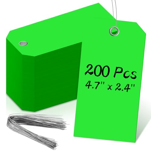 200 PCS 4 3/4" x 2 3/8" Neon Color Shipping Tags with Wire Paper Heavy Duty Hang Tags with Reinforcement Holes Writable Luggage Tag with String Durable Marking Tags (Neon Green, 4 3/4" x 2 3/8") - color: Neon Green